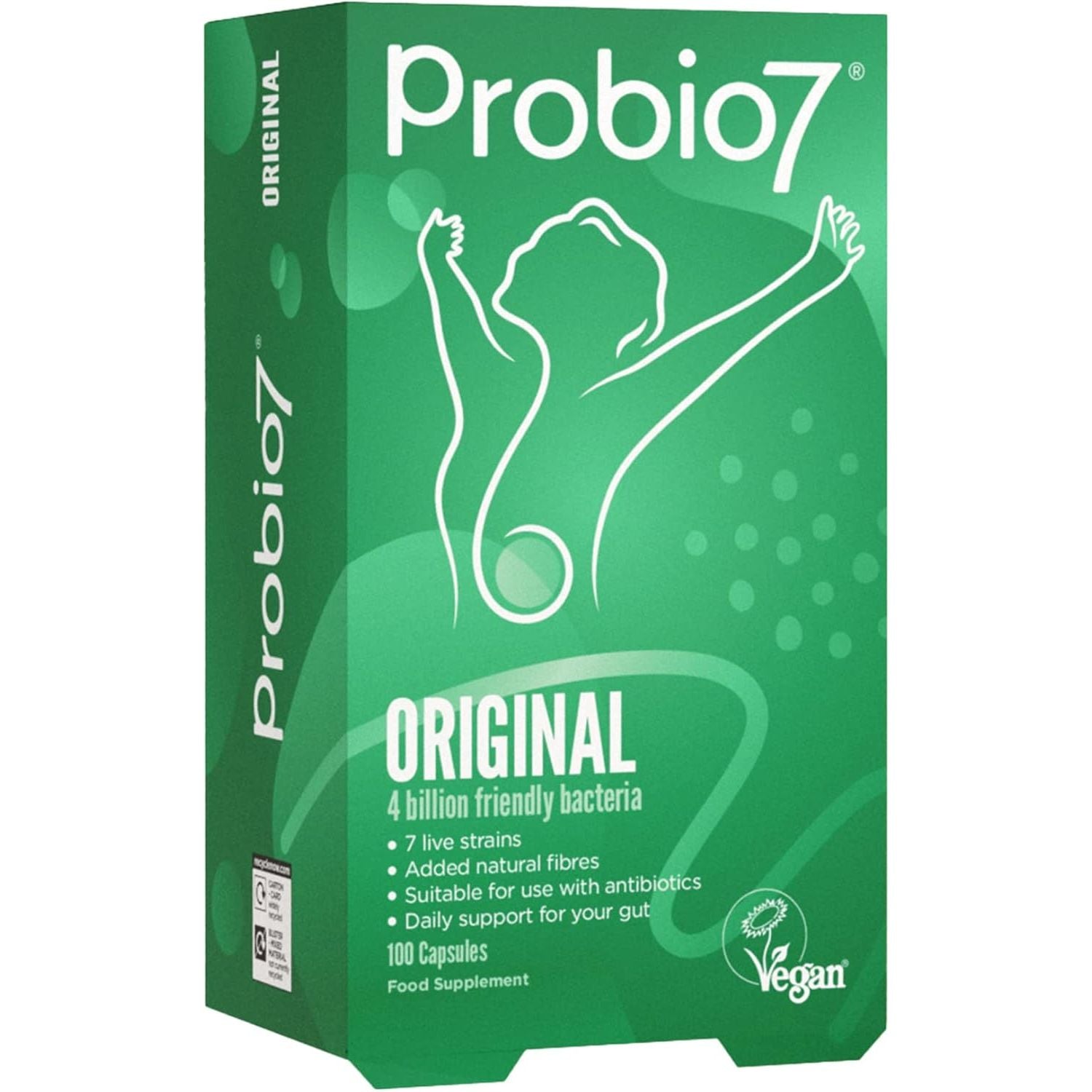 Probio7 Original | Vegan Approved | with 4 Billion CFU, 7 Live Bacterial Strains + 2 Types of Natural Fibre | Digestive Health Supplements, Probiotics for Gut Health, 100 Capsules