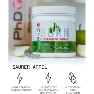 Phd Burn Pre Workout Powder with L Carnitine for Women and Men, Rich in CLA, High Caffeine for Pre-Workout, Sour Apple Flavour, 20 Servings (200G)