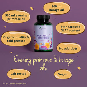 Vegavero Organic Evening Primrose Oil | with Organic Borage Seed Oil | Cold-Pressed | 90 Capsules | NO Additives, Lab-Tested | Rich in Linoleic Acid, Omega 3 & GLA | Vegan