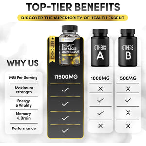 Sea Moss Shilajit Lion Mane 3 in One, with Added Ashwagandha and Black Pepper, 11500Mg Superfood Blend for Vitality & Immunity, Energy and Brain Health - 120 Vegan Capsules by Healthessent