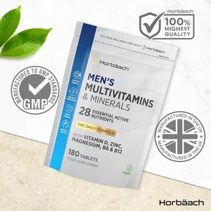 Multivitamin Tablets for Men | 180 Count | 28 Essential Nutrients | with Zinc, Magnesium, Vitamin D3, B12 and More! | Vegan Supplement | by Horbaach
