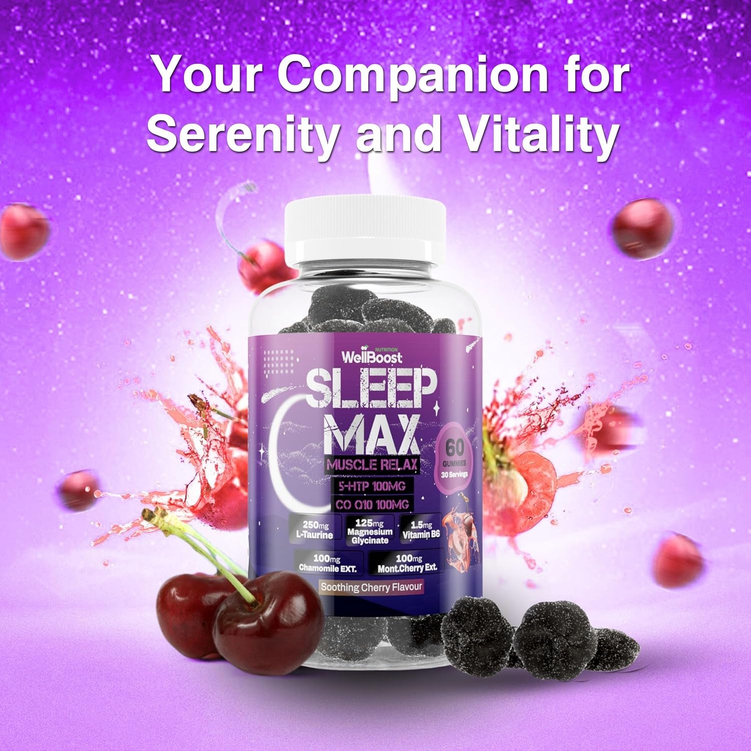 Wellboost Sleep Max Gummies – 5-HTP, Coq10, L-Taurine, Magnesium, Chamomile, Montmorency Cherry & Vitamin B6 – Soothing Cherry Flavour – Vegan Sleep Supplement (1 Month Supply)