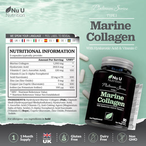 Marine Collagen with Hyaluronic Acid, Vitamin C - 90 Hydrolyzed Capsules (Not Tablets) - Premium High Strength Collagen Supplements for Women & Men - Type 1 Marine Collagen - Nu U Nutrition
