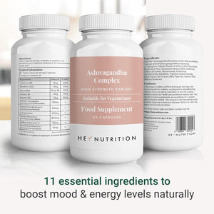 Hey Nutrition Ashwagandha Complex 9000Mg Supplement - High Strength KSM-66 - Boosts Mood & Energy - Reduces Stress - UK Manufactured - All Natural, Non-Gmo - 60 Vegan Capsules