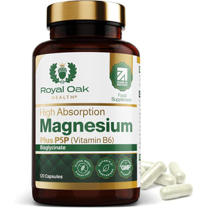Magnesium Bisglycinate 200Mg plus P5P Vitamin B6 X120 Capsules | Advanced Chelated Formula for Optimal Absorption 200Mg of High Strength Elemental Magnesium - Vegan & UK Made by Royal Oak Health