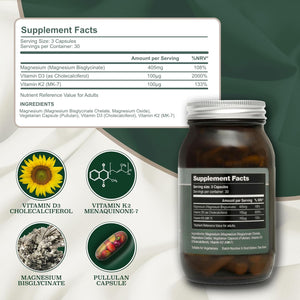 Montibus Vita - Magnesium Glycinate 405Mg, Vitamin D3 4000Iu (100Ug), Vitamin K2 100Ug, 90 High Strength Capsules