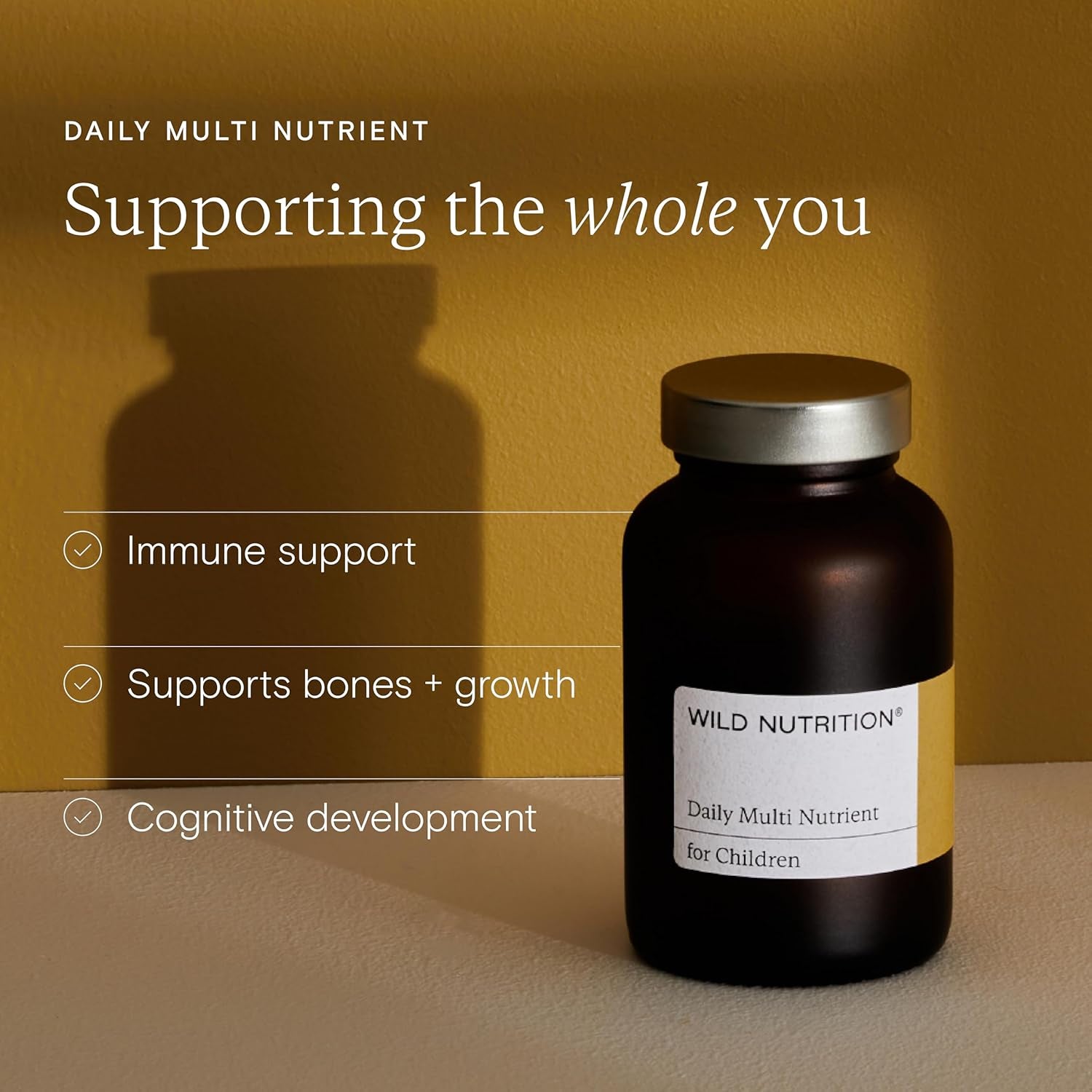 WILD NUTRITION Food-Grown® Kids Daily Multi Nutrient | Kids Multivitamin with B Vitamins, Magnesium, Zinc, Vitamin D, and More to Support Immunity, Bones, and Cognitive Development | 60 Capsules