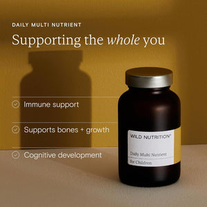 WILD NUTRITION Food-Grown® Kids Daily Multi Nutrient | Kids Multivitamin with B Vitamins, Magnesium, Zinc, Vitamin D, and More to Support Immunity, Bones, and Cognitive Development | 60 Capsules