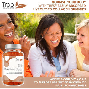 Troo Health Care Collagen Complex - 90 Natural Orange Gummies - One per Day Hydrolysed Collagen with Biotin, Vitamin C & Selenium - Three Months Supply – Healthy Skin & Hair for Men & Women
