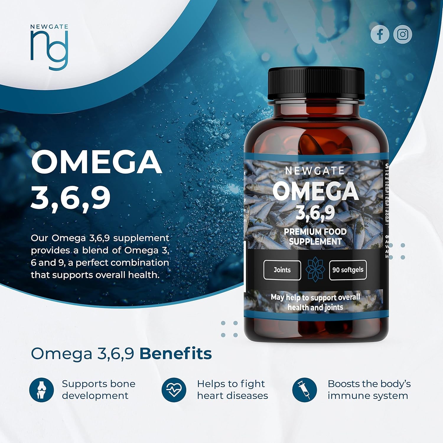 Omega 3 6 9 - Premium Nutritional Supplement - 90 Triple Omega Softgels - Made in the UK