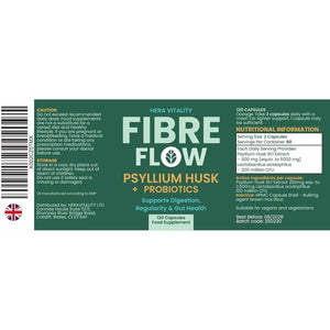 Psyllium Husk Fibre Flow Supplement with Probiotics | 120 Vegan Capsules | Daily Gut, Digestive & Heart Health Support | Natural Stool Fibre Boost HERA Vitality