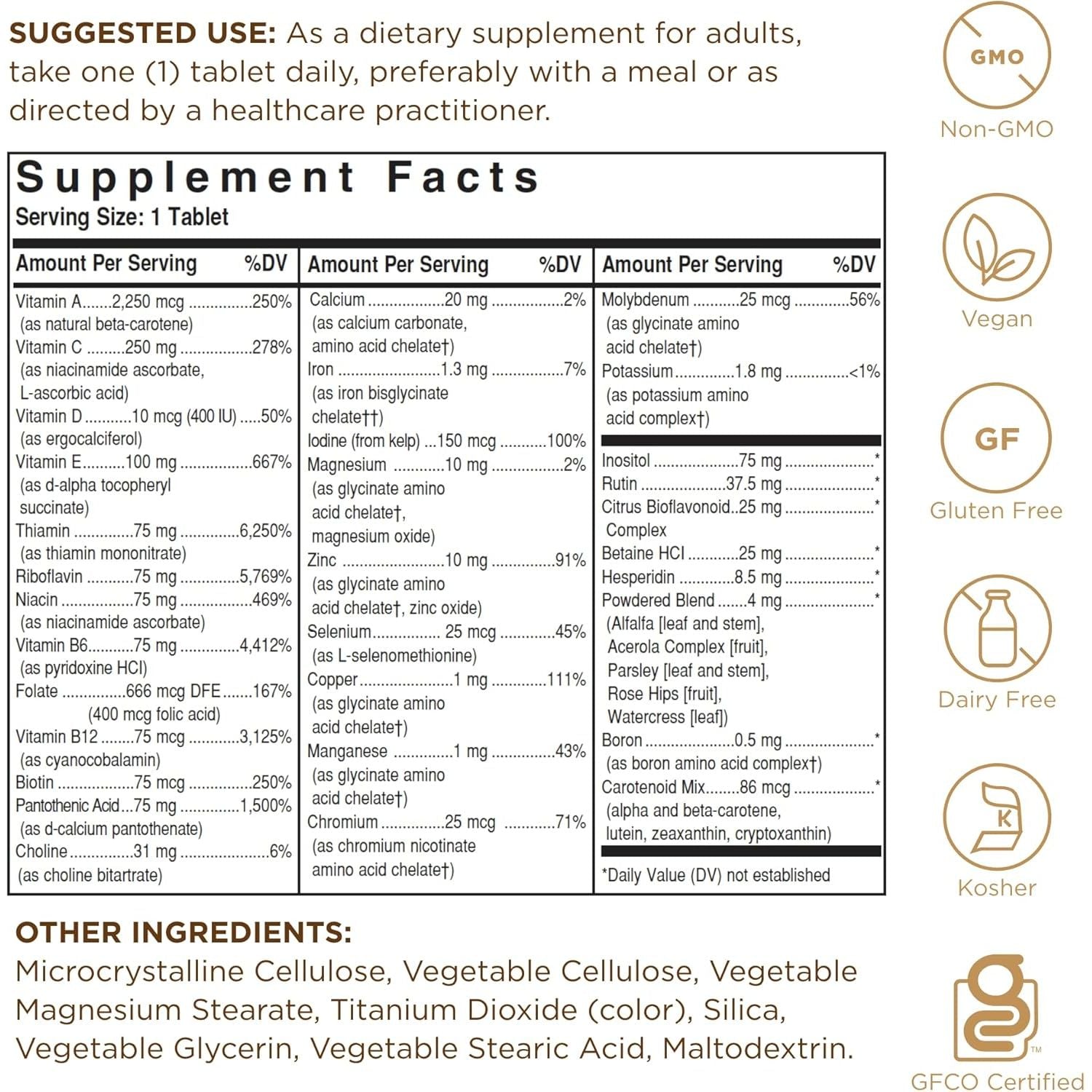 Solgar Formula VM-75 Tablets - Pack of 60 - 28 Active Ingredients and 13 Essential Nutrients - for Complete Wellbeing - Vegan and Gluten Free