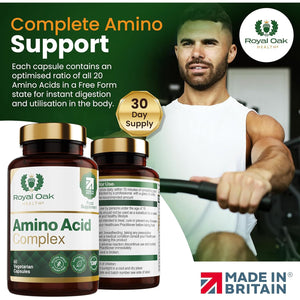 Royal Oak Health Full Spectrum Amino Acid Complex | Complete with All 20 EAA & Bcaas in Free Form for Instant Digestion | Essential & Branch Chain Amino Acids Supplement | 60 Vegan Capsules | UK Made
