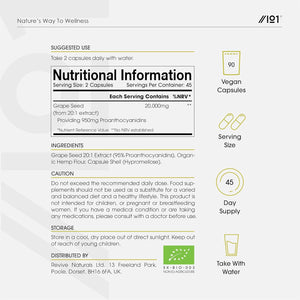 Grapeseed Extract 20,000Mg - Standardised 95% OPC Proanthocyanidins - Made with Italian Vineyard Grapes - 90 Vegan Capsules (3 Months Supply) - Resealable and Recyclable Pouch by Alpha01