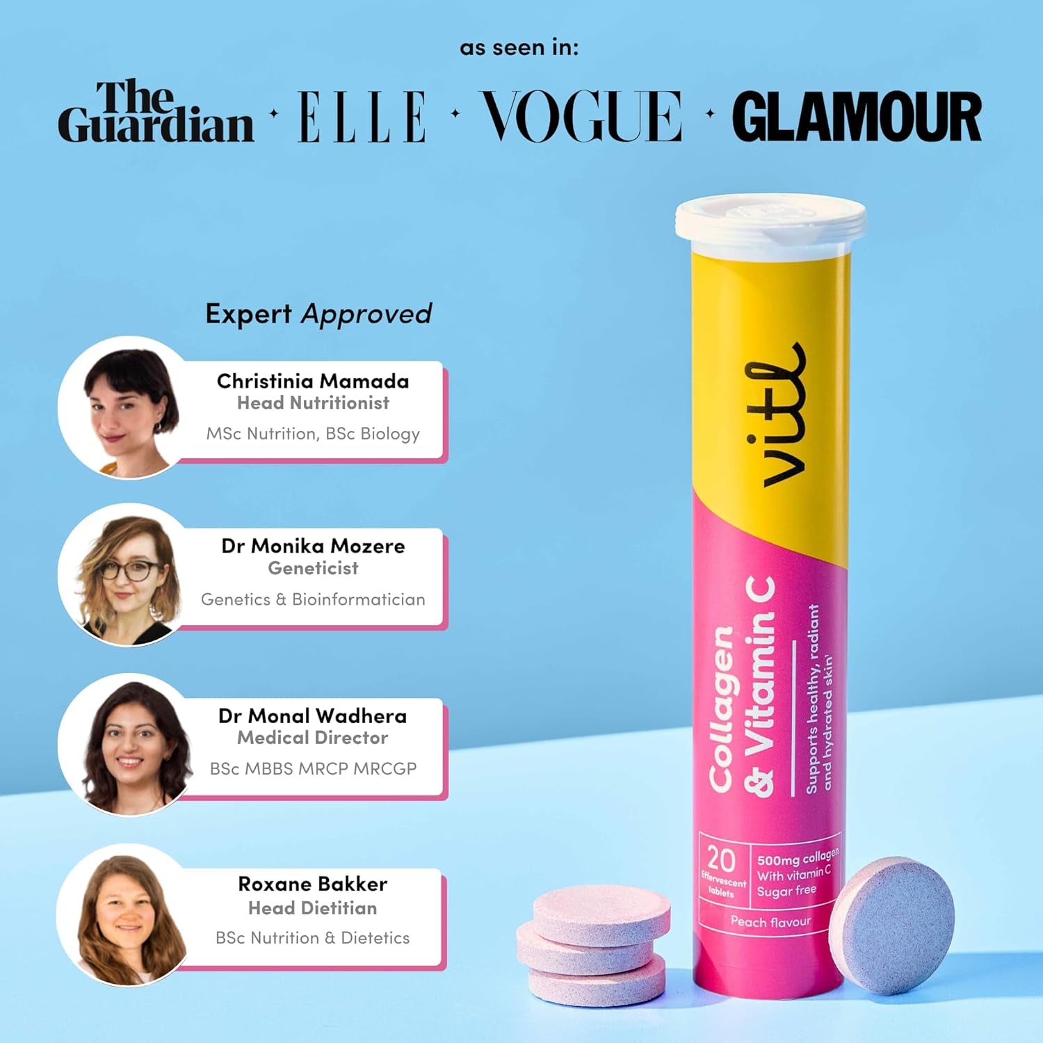 Vitl Collagen & Vitamin C Effervescent - 20 Tablets - Unleash Your Radiant Beauty from within - 1 Month Supply