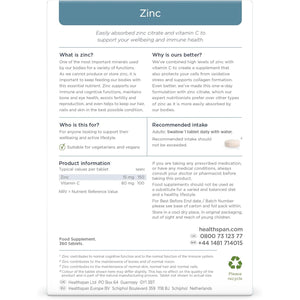 Healthspan Zinc with Vitamin C (360 Tablets) | Immune Health | Bones, Eyes, Skin, Hair & Nails | 15Mg Zinc & 80Mg Vitamin C per Tablet | Easily Absorbable | One-A-Day | Easy to Swallow | Vegan