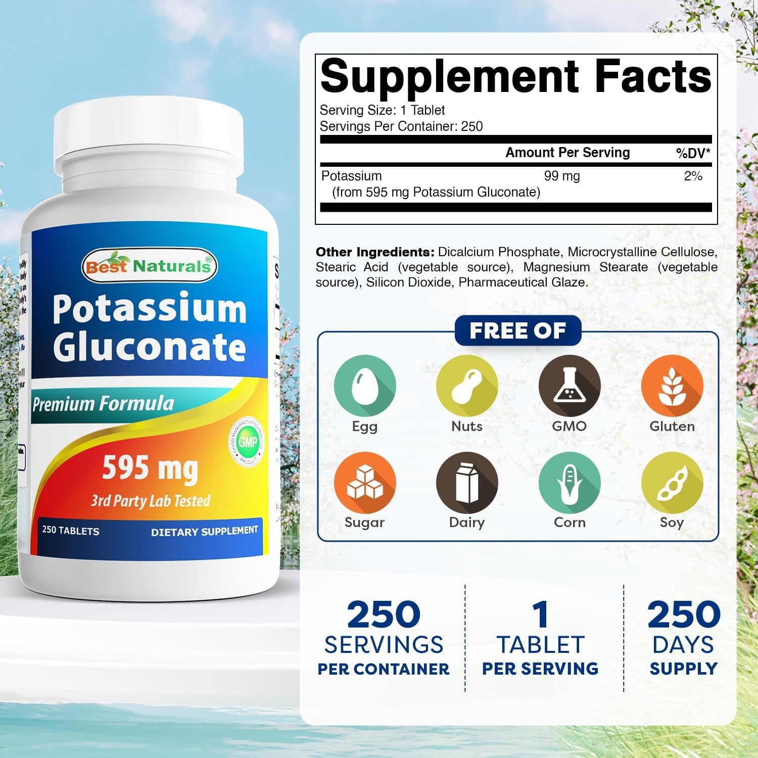 Best Naturals Potassium Gluconate 595 Mg 250 Tablets