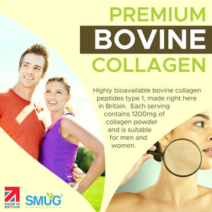 Bovine Collagen British Made by SMUG Supplements - 90 Capsules - Type 1 Peptides - 1200Mg Daily Serving of Collagen Powder in Three-A-Day Capsules - 30 Day Supply - Suitable for Both Men and Women