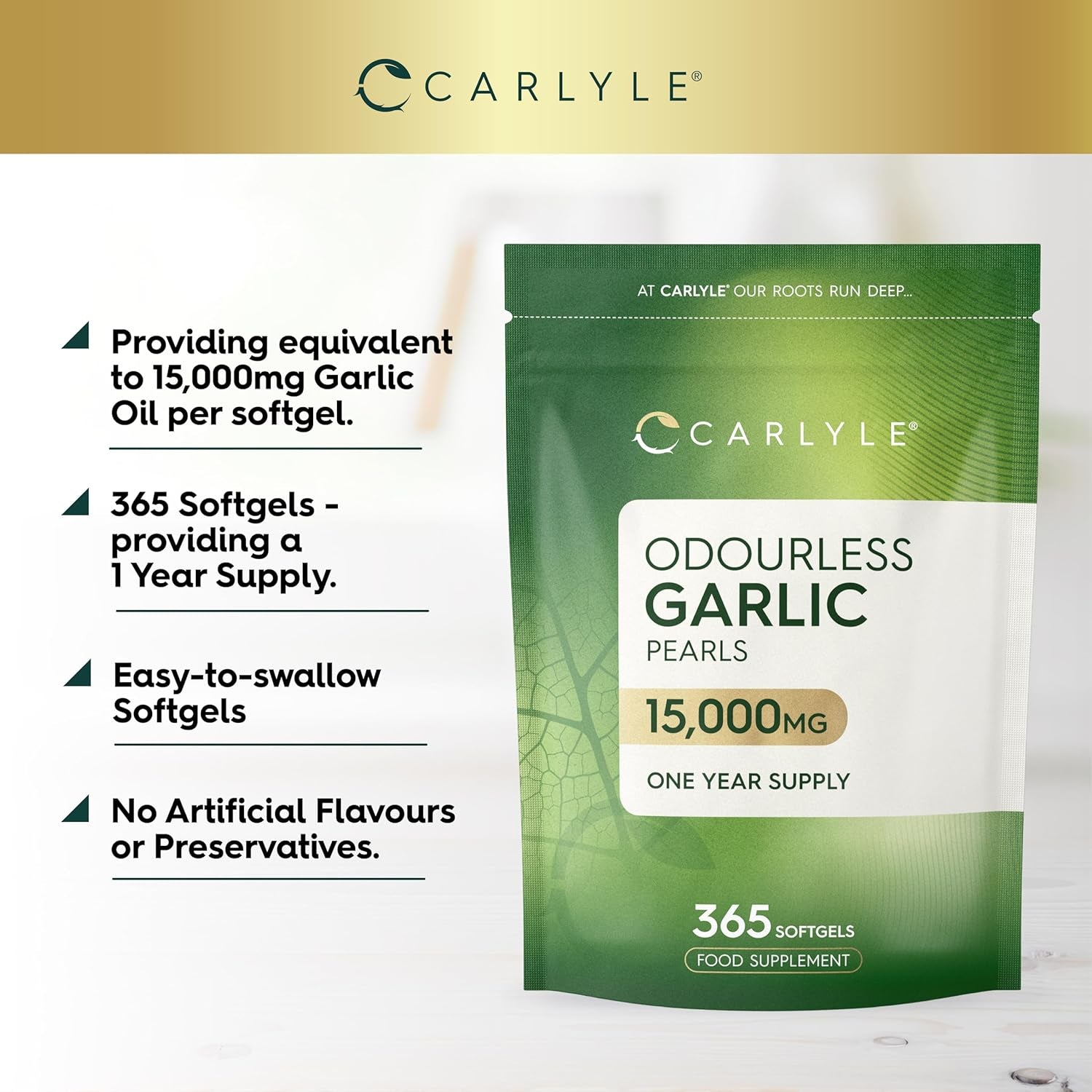 Odourless Garlic Capsules 15,000Mg | 365 Count (1 Year Supply) | High Strength Garlic Oil Pearls with Allicin | by Carlyle