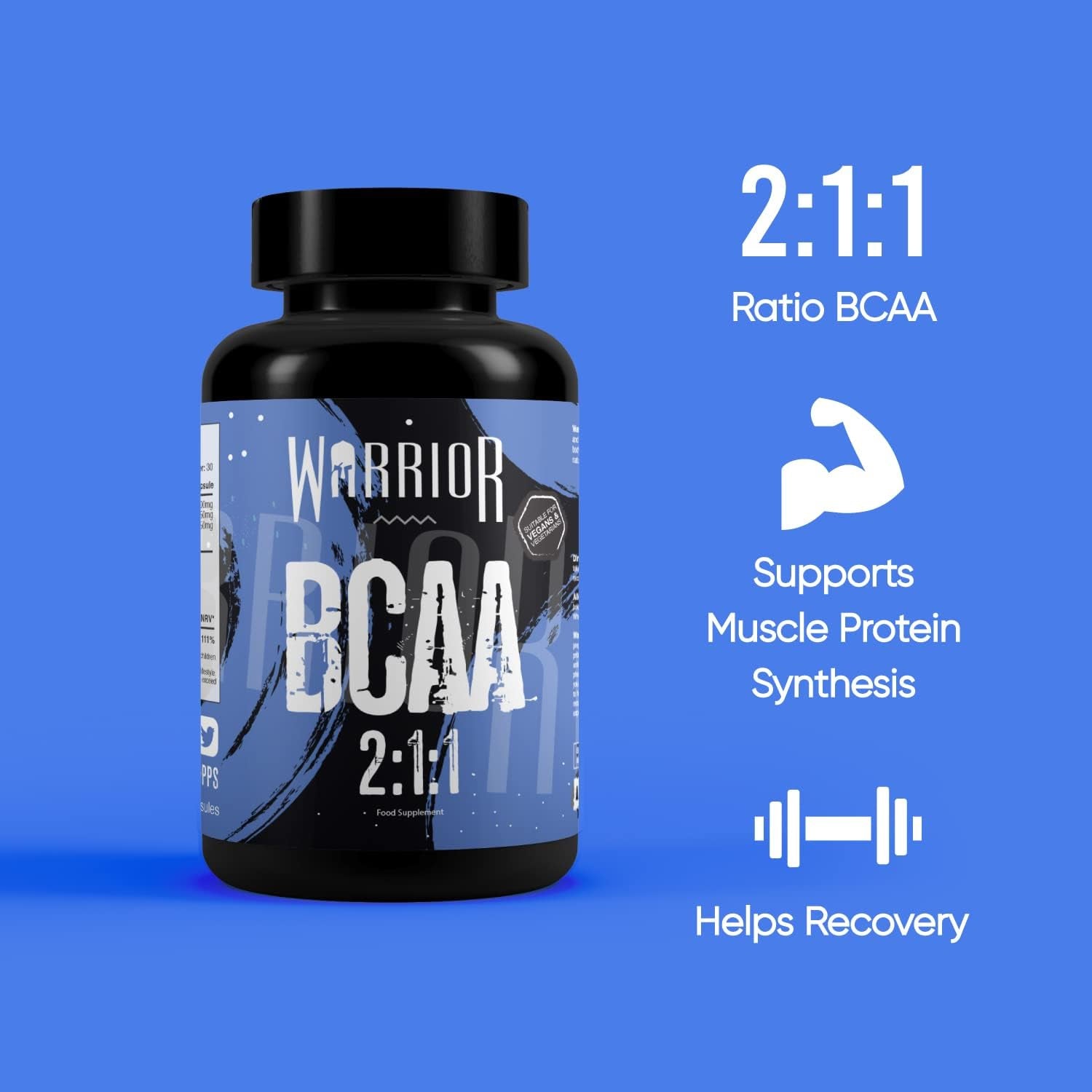 Warrior BCAA 60 Tablets - Branched Chain Amino Acids - Ultra Pure Pharmaceutical Grade Leucine, Isoleucine and Valine in a 2:1:1 Ratio