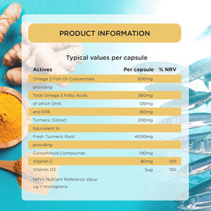 Healthspan Turmeric & Omega 3 | 60 Capsules | Added Vitamin C & Vitamin D3 | Heart, Joint & Bone Health | Sustainably Sourced