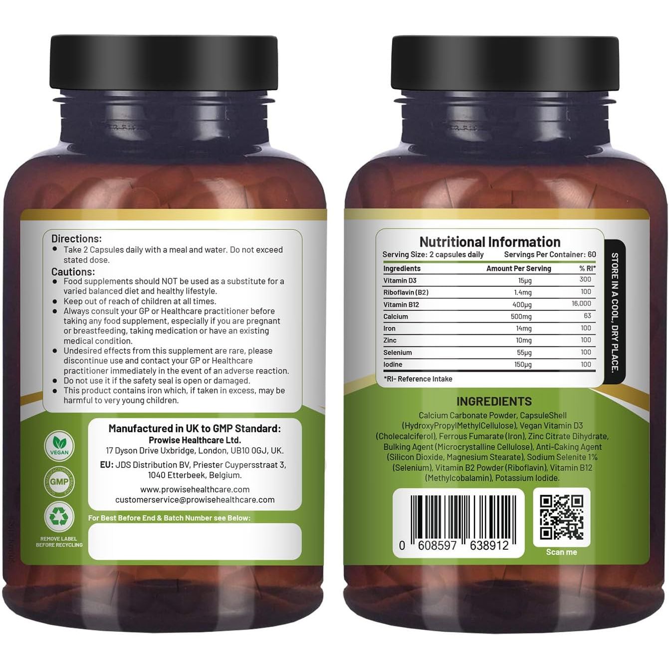 Vegan Vital Multivitamins and Minerals | 120 Vegan Multivitamin Capsule | Calcium, Vitamin B12, Vitamin B2, Vitamin D3, Selenium, Iodine, Zinc & Iron | by Prowise Healthcare