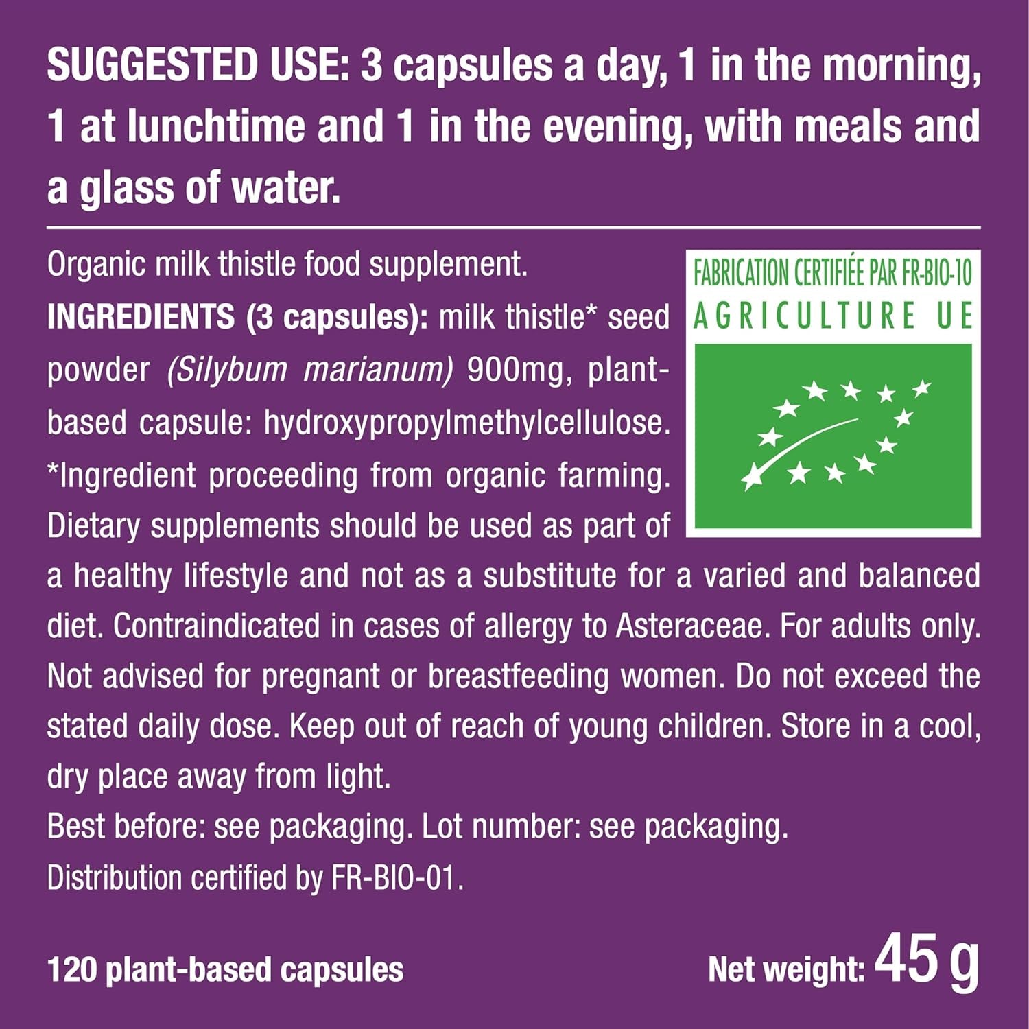 Organic Milk Thistle - Pure Seed Powder Excipient Free - Triple Action Liver Supplement: Detoxify, Protect & Strengthen - 120 Vegan Capsules - High Strengh - French Expertise - Nutrimea