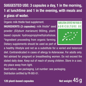 Organic Milk Thistle - Pure Seed Powder Excipient Free - Triple Action Liver Supplement: Detoxify, Protect & Strengthen - 120 Vegan Capsules - High Strengh - French Expertise - Nutrimea