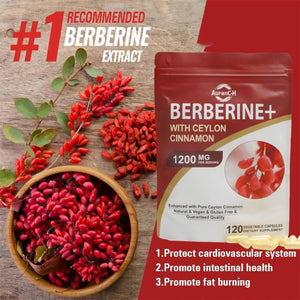 Berberine HCL Supplement Berberine 1200Mg Serving HCL 120 Capsules - plus Pure True Ceylon Cinnamon,Healthy Weight for Both Men and Women, 2 Month Supply