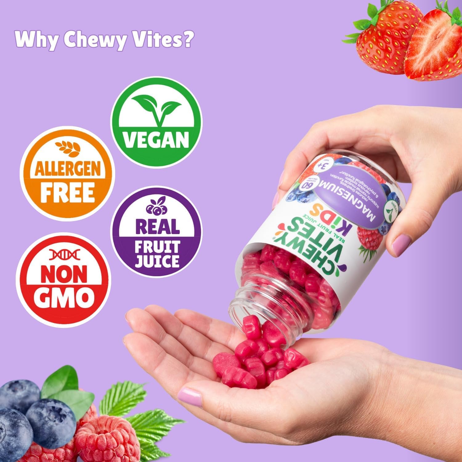 Chewy Vites Kids Magnesium, 2 Months Supply, 60 Kids Vitamins Gummies, 500Mg Magnesium Citrate Providing 56Mg per Gummy, Real Fruit Juice, Age 3 +, Berries Flavour