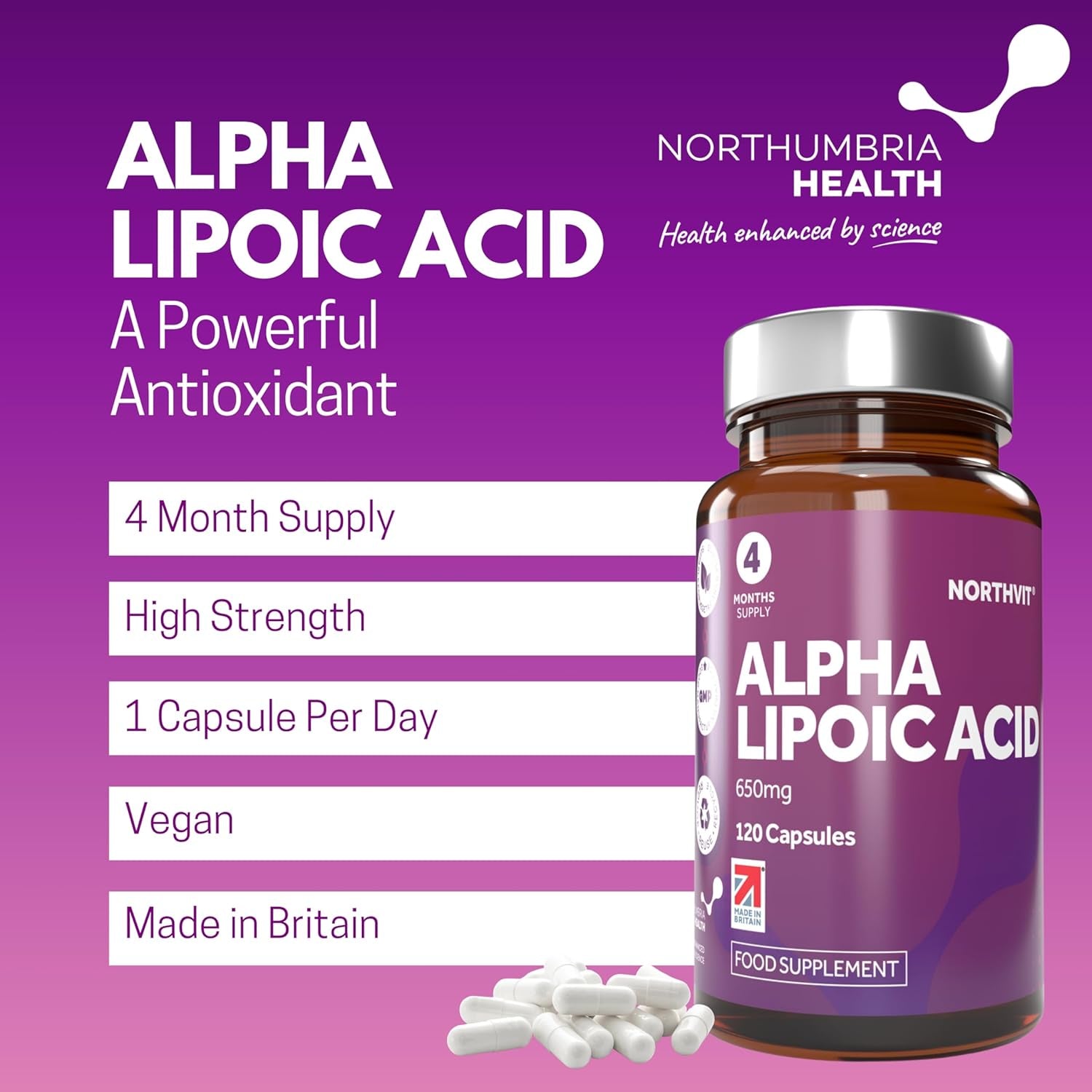 Alpha Lipoic Acid 650Mg Capsules, 50/50 Blend of Both R-ALA & S-ALA, 120 Vegan Capsules (4 Month Supply), Powerful Natural Protective Antioxidant, Made in UK