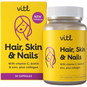 VITL Hair, Skin & Nails + Collagen, a Dose of Classic Complexion Heroes Such as Collagen, Vitamin E, Biotin and Zinc | 30 Capsules