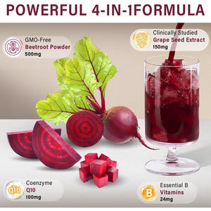 Govixed Beets Ultimate Heart Health Chews for Blood Pressure Support, with Beetroot Powder, Coq10, B Vitamins & Grapeseed, Pomegranate Berry, 60 Soft Chews
