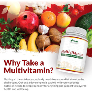 Nu U Nutrition - A-Z Multivitamin Tablets for Men & Women - 365 Tablets - 12 Month Supply - 25 Essential Multivitamins & Minerals Including Iron, Zinc & Vitamin D - One a Day - Made in the UK