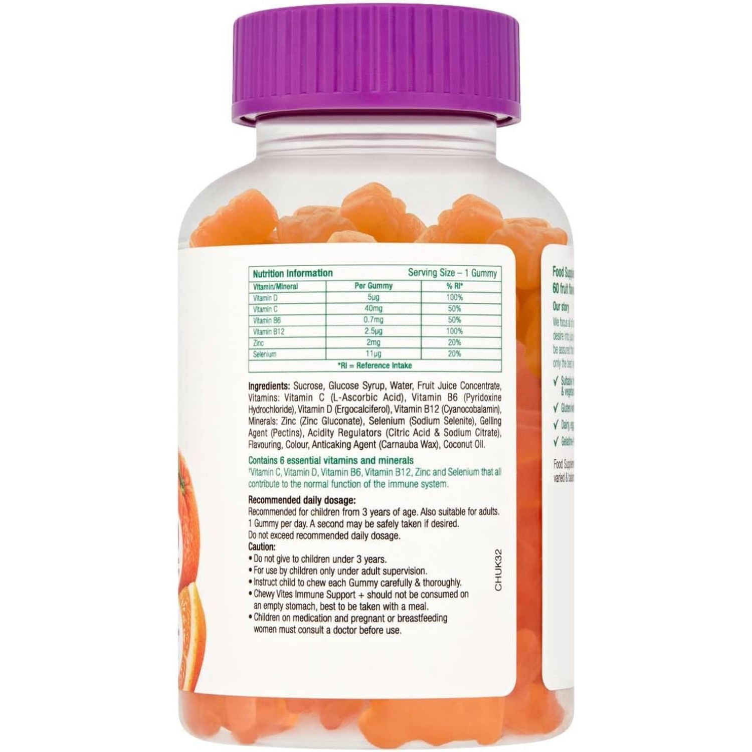 Chewy Vites Kids Immune Support, 60 Kids Vitamins Gummies, High Strength Vitamin D, Vit C, B6, B12, Zinc, Selenium, 2 Months Supply, Real Fruit Juice, Vegan, Age 3 +, Orange Flavour