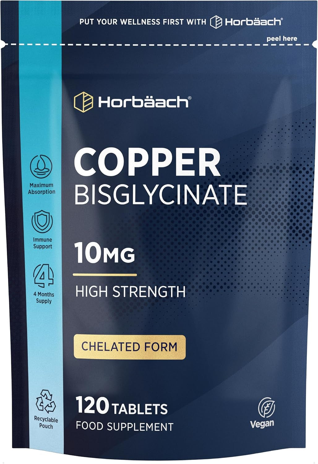 Copper Bisglycinate 10Mg | Chelated Form | High Strength Copper Supplement | 120 Vegan Tablets | Horbaach