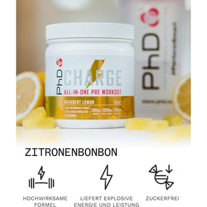 Phd Charge, All in One Pre Workout Powder with Creatine for Women and Men, Rich in Beta Alanine, High Caffeine for Pre-Workout, Sherbert Lemon Flavour, 20 Servings per 300G Bottle