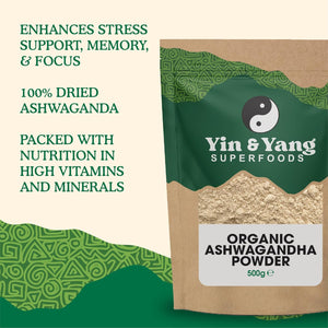 Organic Ashwagandha Powder 500G, by Yin & Yang Superfoods. 100% Pure and Raw - Premium Quality. Vegan, Gluten Free & Palm Oil Free.