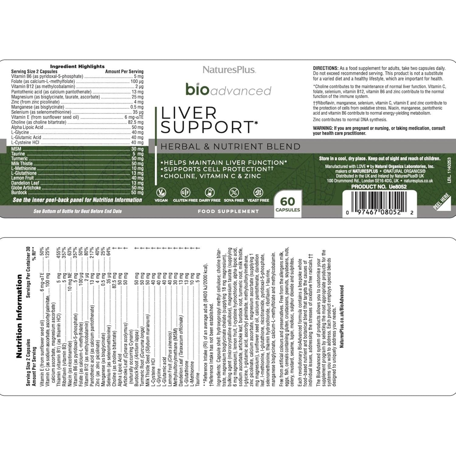 Naturesplus Bio Advanced Liver Support - Liver Health Supplement with Turmeric, Artichoke, Milk Thistle, Dandelion, Choline and Methyl Bs - Gluten, Dairy and SOYA Free - Vegan, 60 Capsules