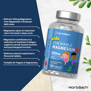 Kids Magnesium Chewable Tablets 100Mg | Berry Flavour | 120 Count | Magnesium Citrate Tablets for Children Aged 4+ (Not Gummies) | Vegan | No Artificial Preservatives | by Horbaach