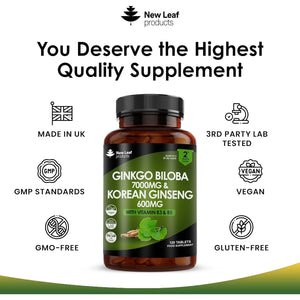 Ginkgo Biloba and Korean Ginseng Tablets - 7000Mg Ginkgo Biloba Herbal Supplements & 600Mg Panax Ginseng High Strength Extract - Enriched with Vitamin B3 & B5-120 Vegan Tablets