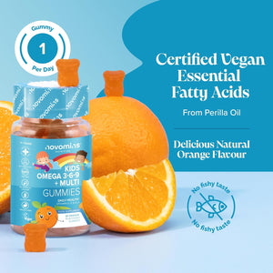 Kids Omega 3 Gummies - 50Mg ALA Including Omega 3 6 9 Complex with Added Vitamin E & D - Kids Friendly Capsules Alternative - Plant Based Alternative to Omega 3 Fish Oil - 1 Month Supply – Novomins