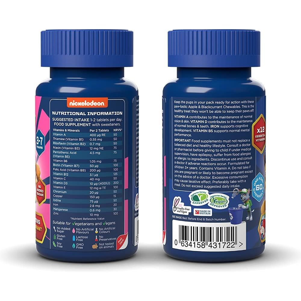 PAW Patrol Multivitamins, 60 Apple & Blackcurrant Chewables with 12 Essential Vitamins, Vegan, No Added Sugar, for 3-7 Year Olds