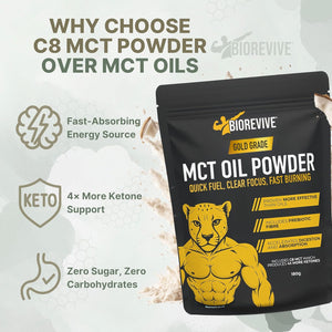 Biorevive C8 MCT Oil Prebiotic Powder Ketogenic Supplement with Responsibly Sourced Coconut & Acacia Fibre for Gut Health, Focus & Energy – Pure Caprylic Acid C8 Formula, 180G