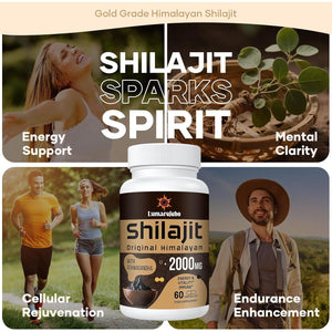 Shilajit Capsules 2000MG, Gold Grade 100% Pure Himalayan Shilajit, High Strength with Ashwagandha, 60% Fulvic Acid & Minerals, Energy & Immune Support for Men & Women, 60 Count (Pack of 1)
