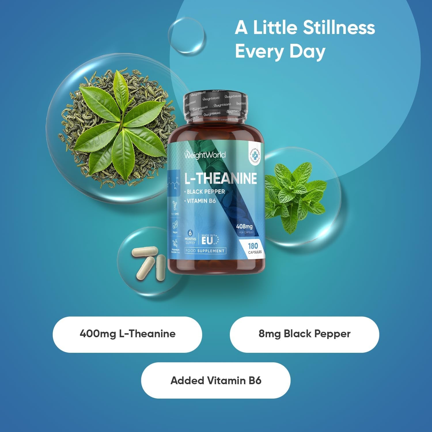 Weightworld L-Theanine Supplement | 408Mg Vegan Capsules | 6 Months Supply | with Added Vitamin B6 (0.5Mg) & Black Pepper Extract (8Mg) | 1 Capsule a Day | Non-Gmo & Gluten-Free