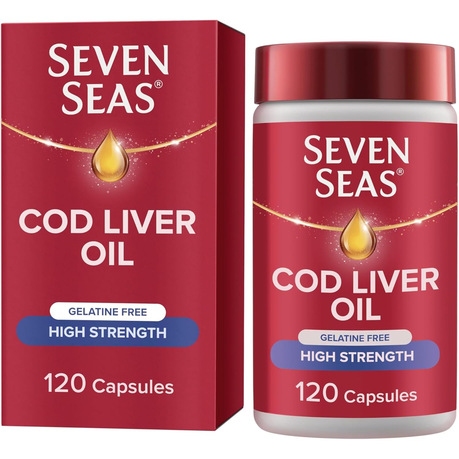 Seven Seas Cod Liver Oil High Strength Gelatine Free Omega-3 Fish Oil and Vitamin D, 120 Capsules