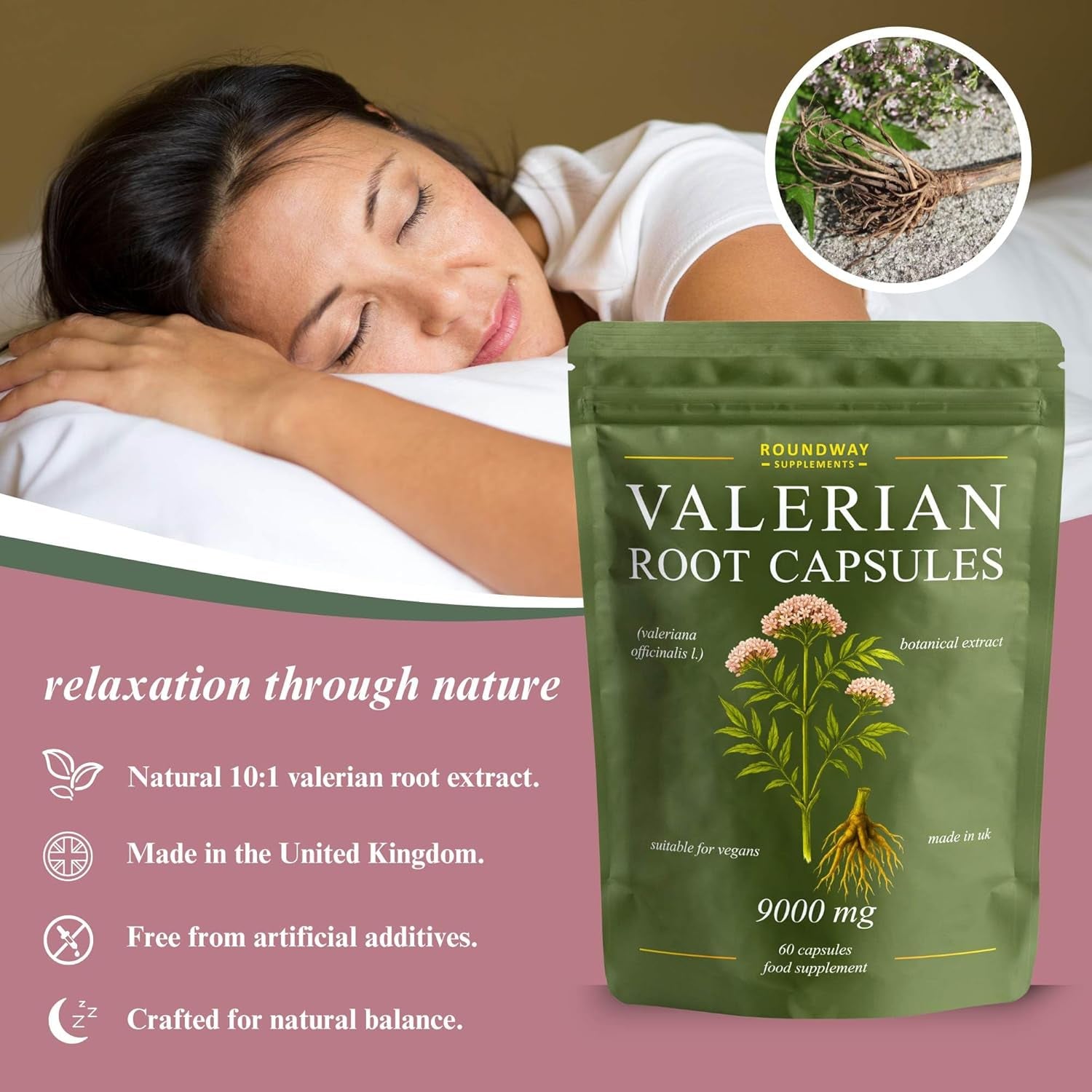 Valerian Root | 9000Mg High Strength Extract Capsules for Sleeping & Relaxation | 60 Capsules, Not Tablets | 1 Month Supply | Made in the UK by Roundway Supplements