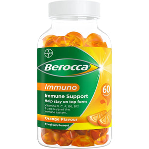 Berocca Immuno Multivitamin Gummies - Immune System Support Including Vitamin D, C, A, B-Complex (B6, B7, B12), E and Zinc - Supplement for Women, Men and Kids - 60 Gummies - Orange Flavour