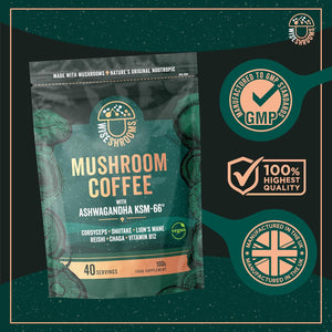 Mushroom Coffee with Lion'S Mane & KSM-66 Ashwagandha | Advanced Mushroom Powder Blend with Cordyceps, Shiitake, Lion'S Mane, Reishi, Chaga and Vitamin B12 | 100G - 40 Servings | Wiseshrooms